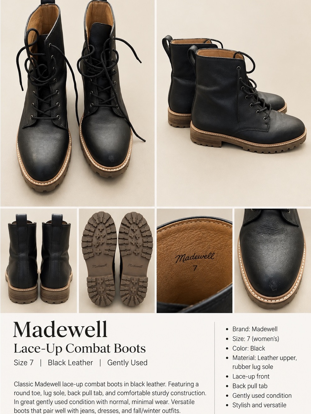 Madewell Black Leather Lace-Up Combat Boots